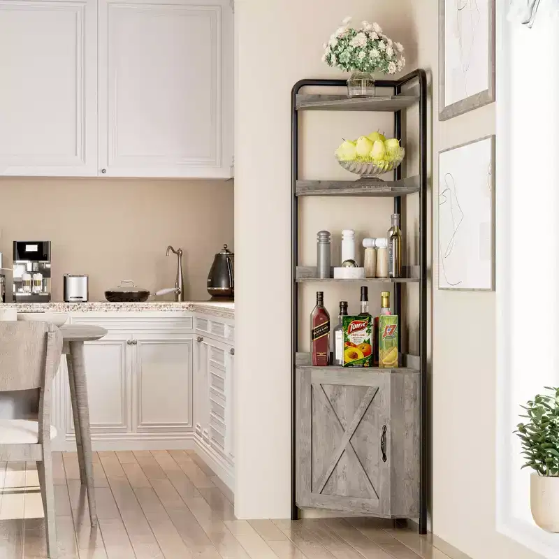 71 Tall Corner Cabinet, Modern Industrial Corner Storage Cabinet with Barn Door Design & 4-Tier Open Display Shelves for Living Room, Kitchen, Grey