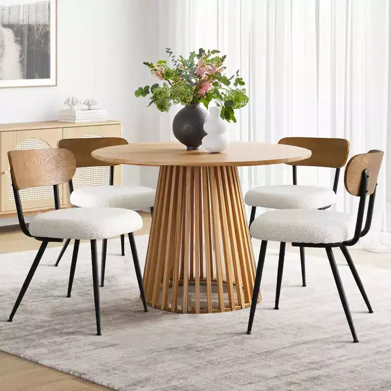 Mid-Century Modern Upholstered Dining Chairs Set of 4, Armless Side Chairs with Black Metal Legs, Boucle Seats and Curved Backrest - Panipeachy