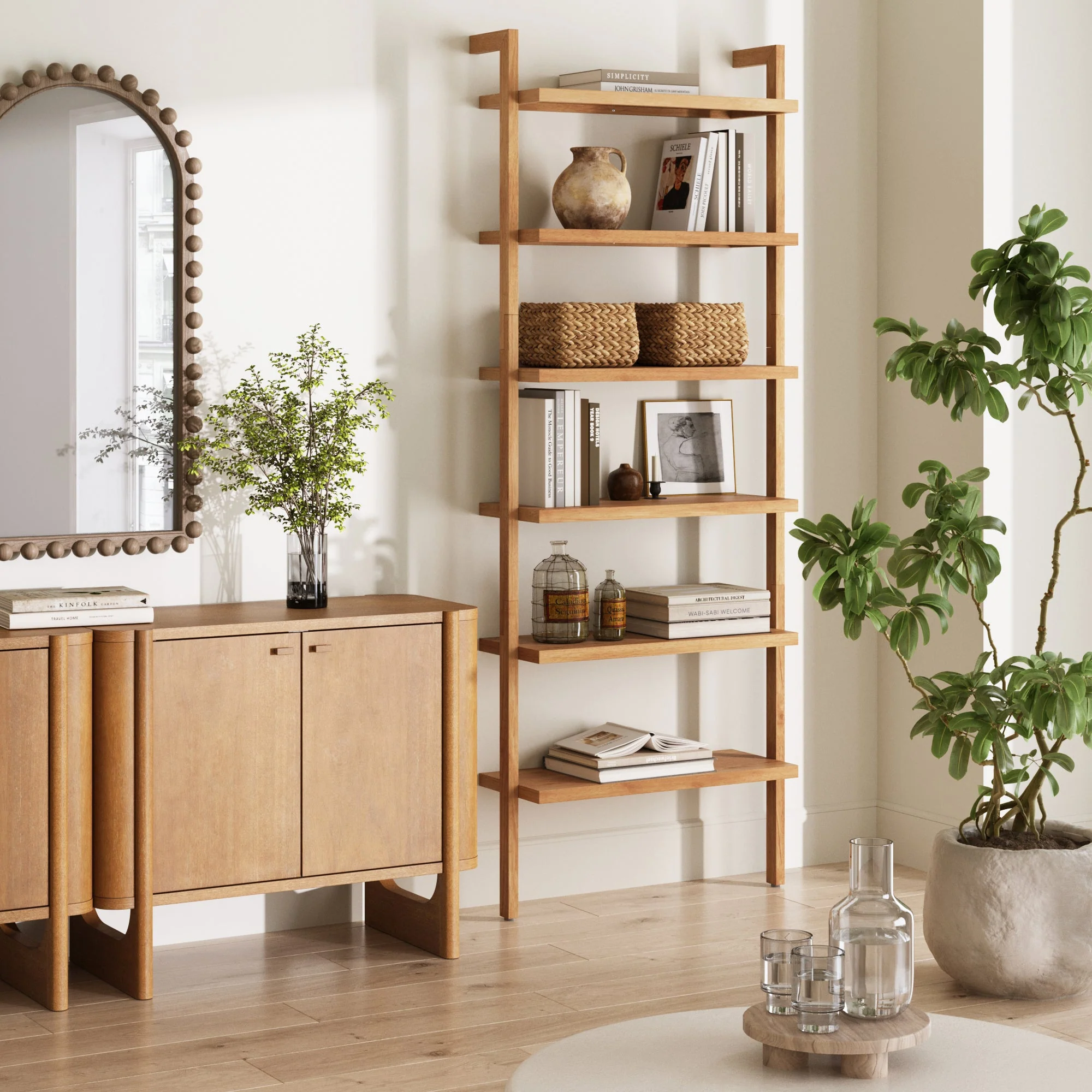 Modern 6-Shelf Wall Mounted Solid Wood Bookcase Warm Pine