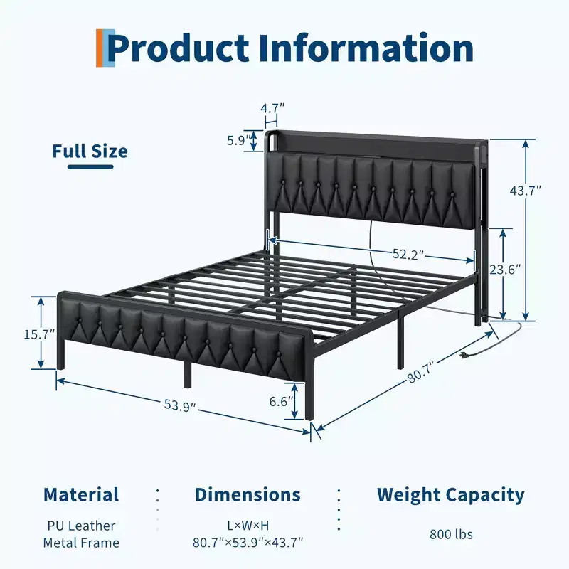 Bed Frame with Charging Station, PU Faux Leather Upholstered Platform Bed with Storage Headboard, Metal Slats, No Box Spring Needed