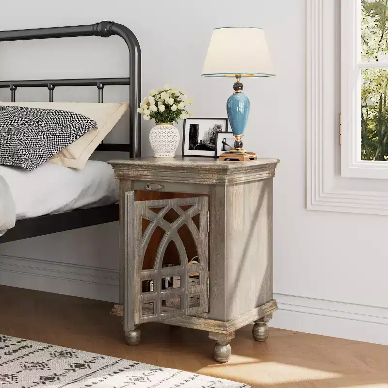Antique Grey Wood Stylish Functional Nightstand for Bedroom Living Room