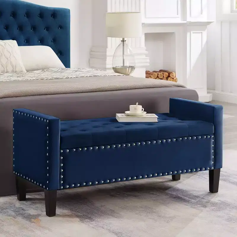TUYOHW Upholstered Tufted Button Storage Bench with Nails Trim,Entryway Living Room Soft Padded Seat with Armrest, Navy