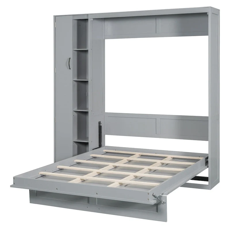 Full/Queen Size Murphy Bed Wall Bed with Small Wardrobe and LED Lights, Foldable Murphy Cabinet Bed with Storage Shelves