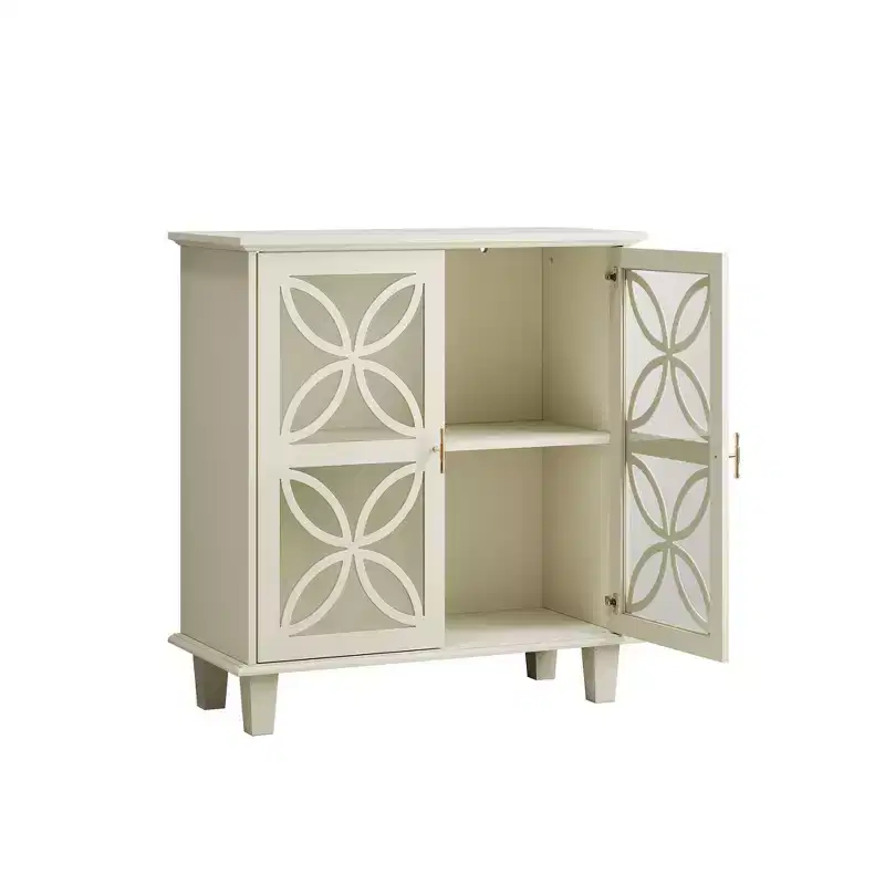 Homy Casa Storage Cabinet with Decorative Glass Doors and Adjustable Shelf, Cream