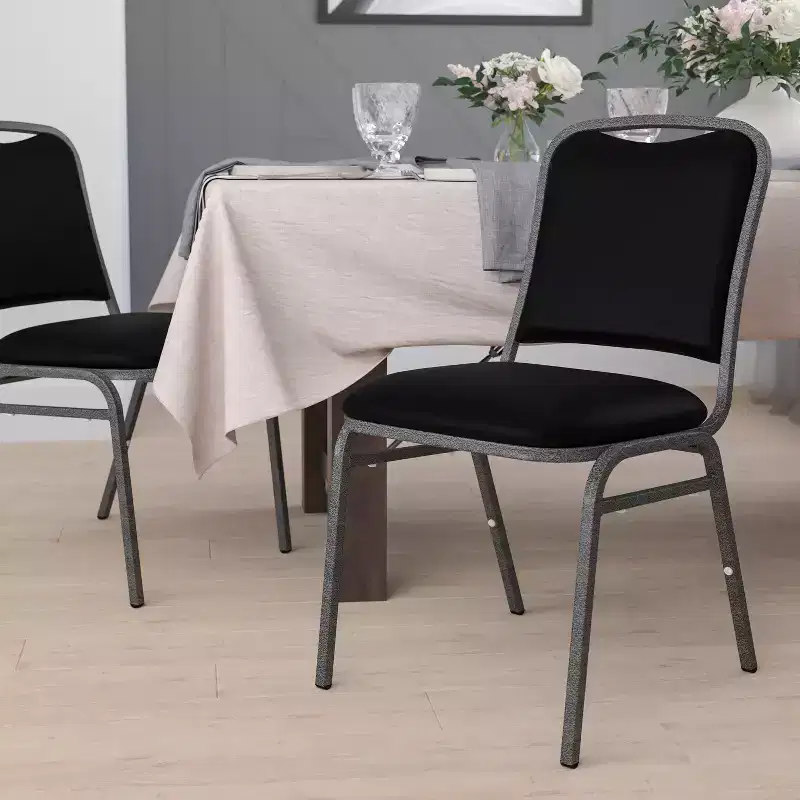 Stacking Banquet Chair, Black Vinyl with Silver Vein Frame