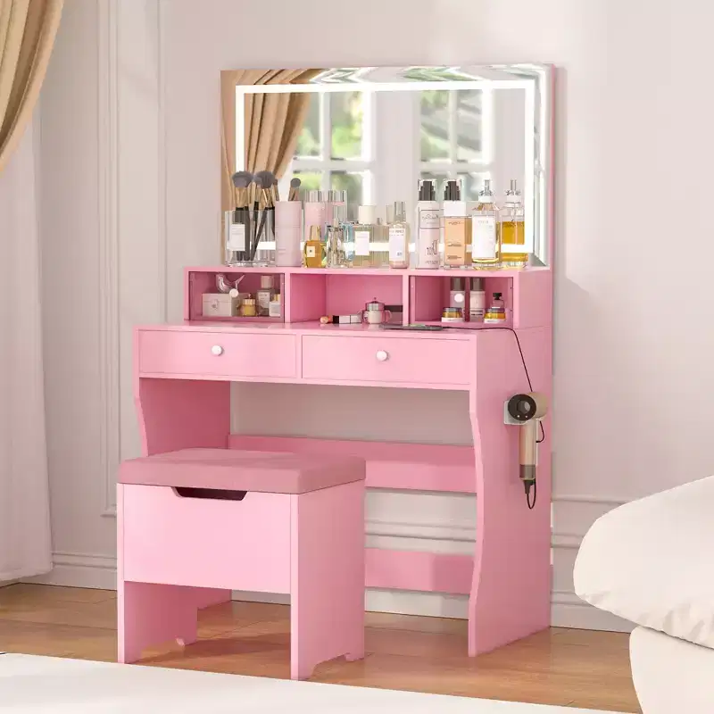VECELO Vanity Desk with LED Lighted Mirror & Power Outlet, Makeup Table with 4 Drawers & Storage Stool, Adjustable 3 Lighting Modes for Bedroom