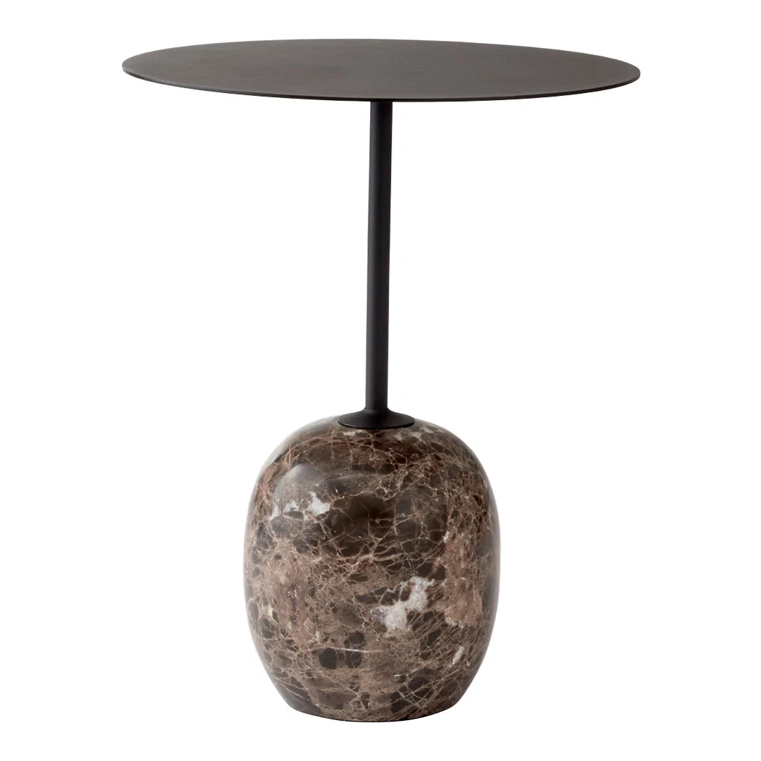 Contemporary Marble Base & Steel Side Table with Sculptural Inverted Lollipop Form for Living Room or Bedroom