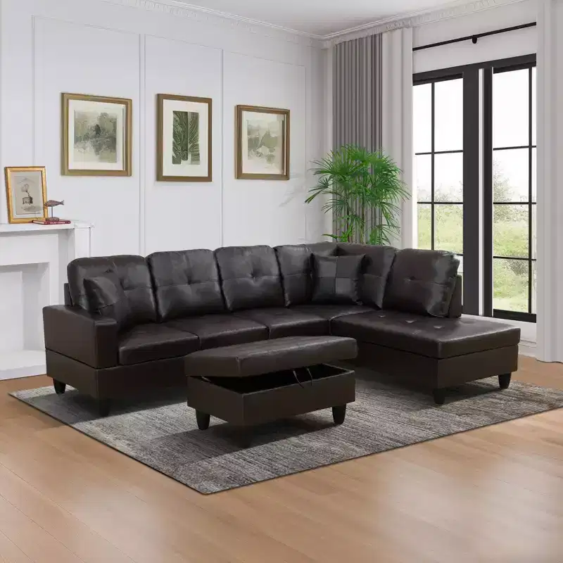 Dark Brown Faux Leather L-Shaped Sectional Sofa