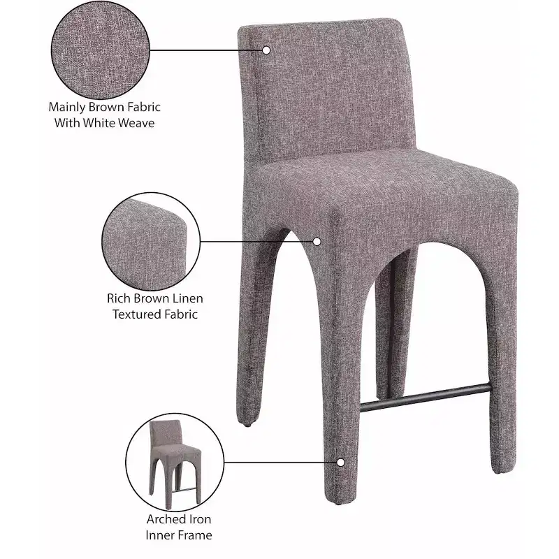 Brown Linen Upholstered Bar Stool, Armless Mid-Back, Seats 1