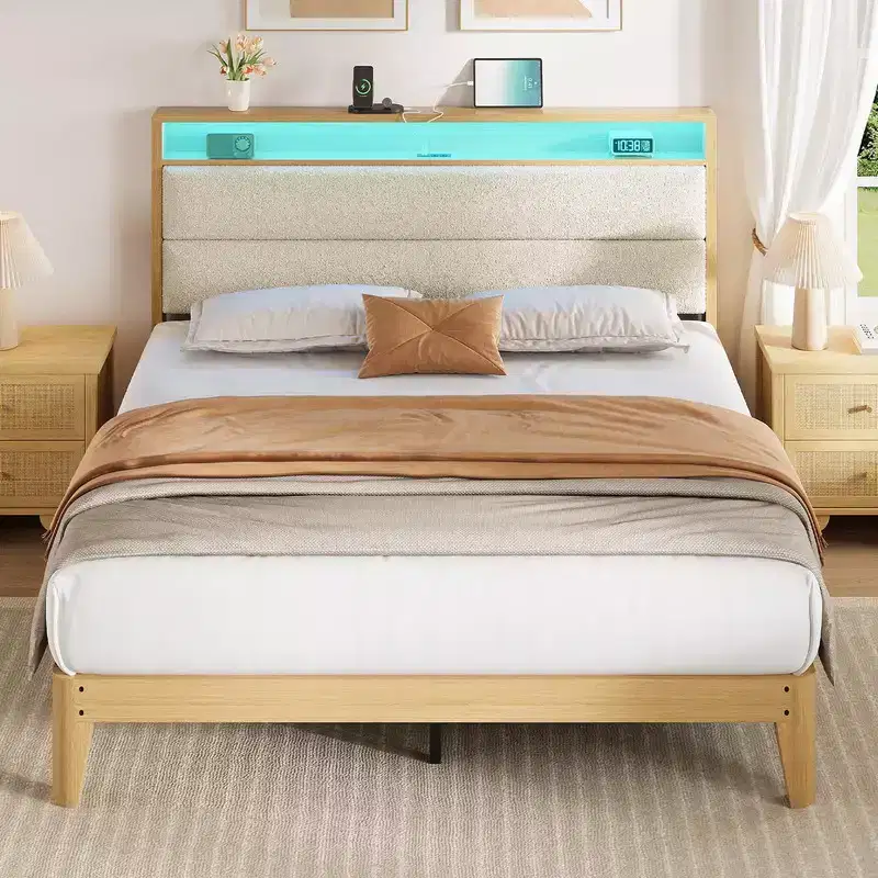 Upholstered Boucle Bed Frame with RGB LED Light and Charging Station, 2-Tier Storage Headboard and Sturdy, Wooden Slats Support