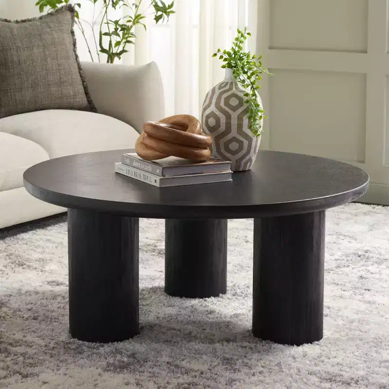 3-Leg Round Coffee Table, Black MDF Veneer with Wood Frame
