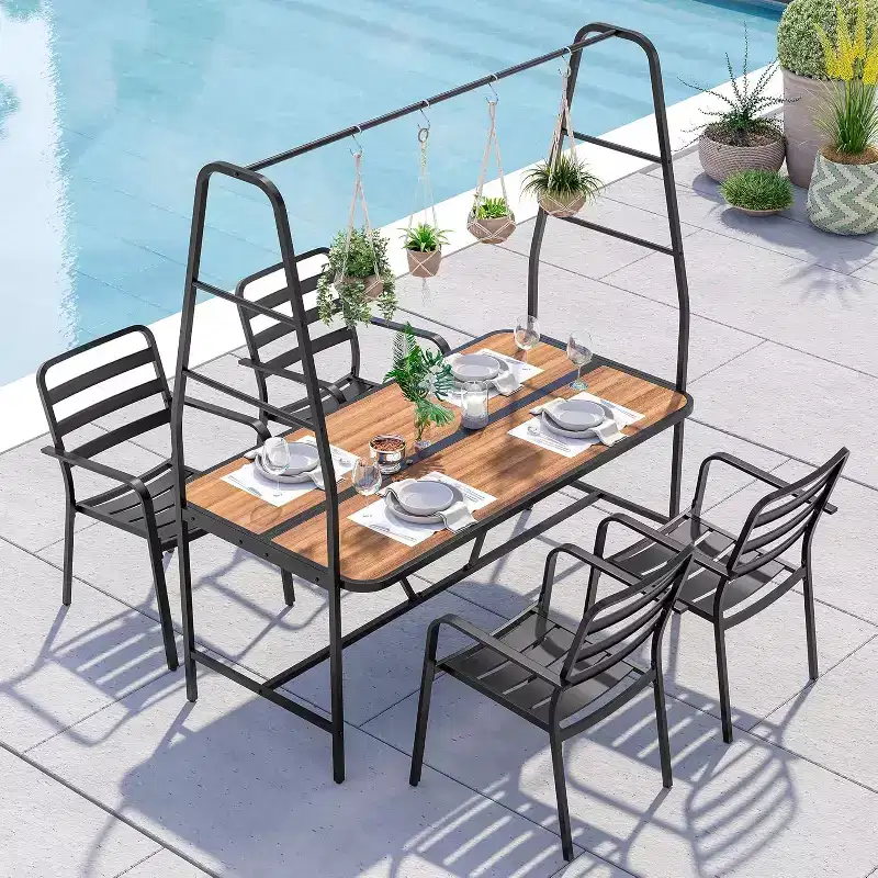 LAUSAINT HOME A-Frame Outdoor Dining Table Set for 4 with 4 Hooks, Patio Furniture Set