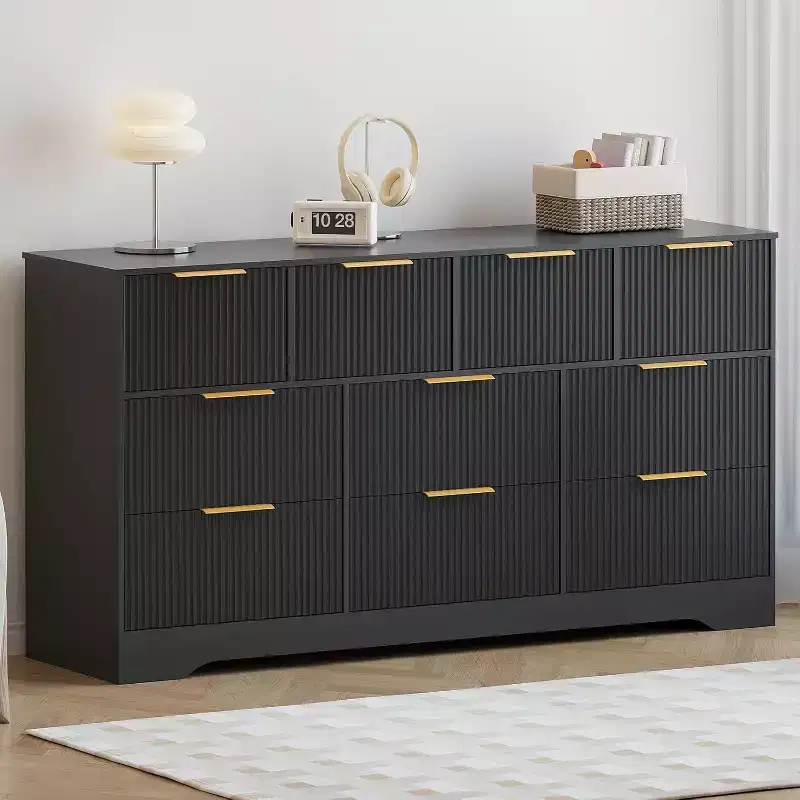 10-Drawer Fluted Dresser with Gold Handles, Modern Long Chest Organizer, Stylish Storage for Bedroom, Living Room, Entryway