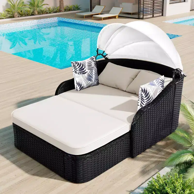 Outdoor Sunbed with Adjustable Canopy, Double Lounge, PE Rattan Daybed, Black Wicker and Cushion