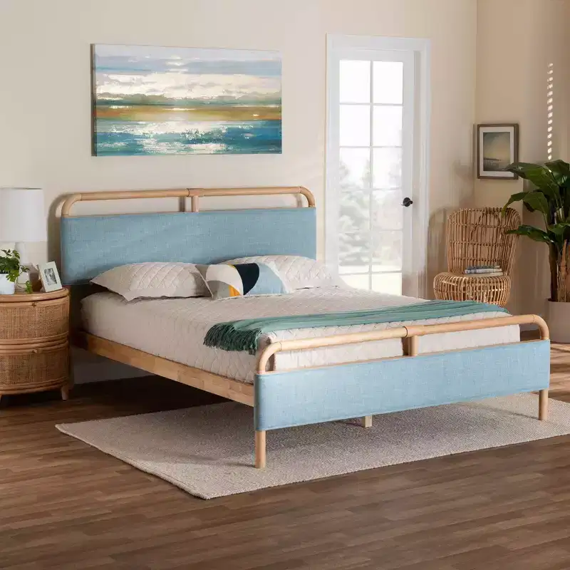 Baxton Studio Queen Mateo Fabric and Natural Wood Platform Bed Baby Blue/Natural