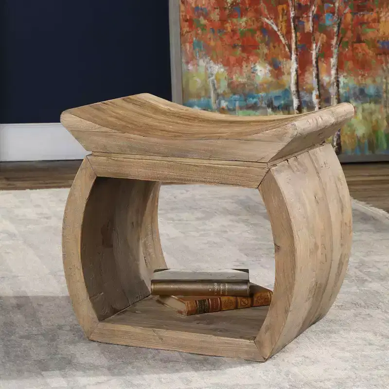 Elm Wood Accent Stool – Modern Solid Wood Design