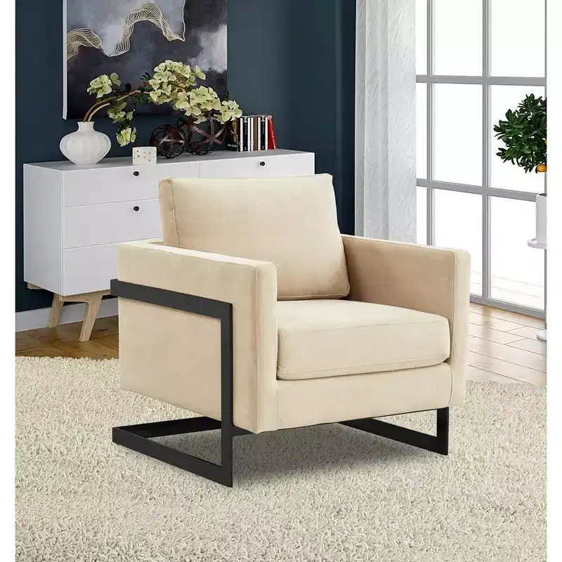 LeisureMod Lincoln Velvet Accent Arm Chair, Black Steel Frame
