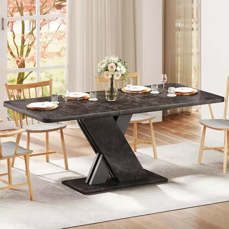 Zevemomo Expandable Dining Table,4-8Farmhouse Kitchen Table, 55-70.87Wood Dining Table with X-Shaped Base,with Metal Track for Dining Room,-Marble