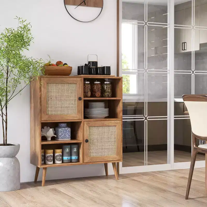 Rattan Buffet Sideboard Accent Storage Cabinet with Doors and Cubbies