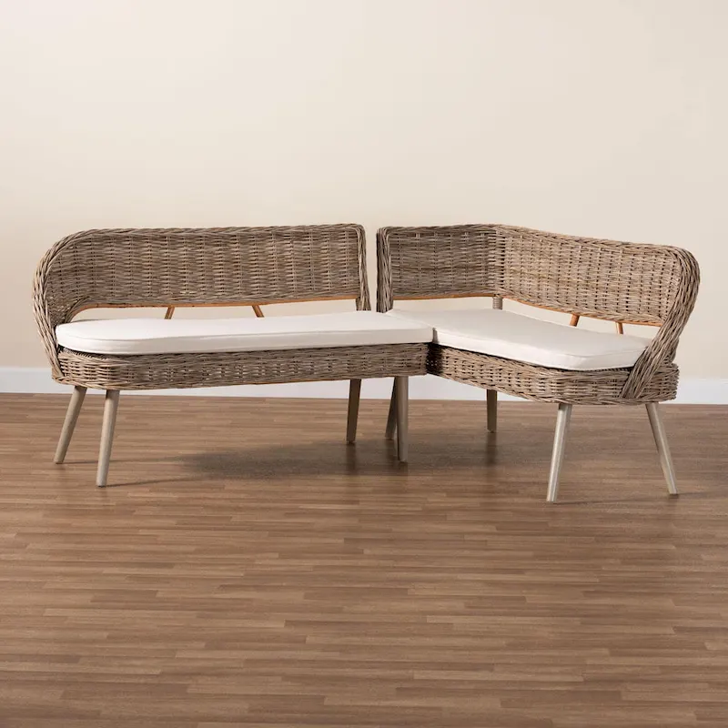 Modern Bohemian Natural Kubu Rattan and Acacia Wood Dining Nook Banquette