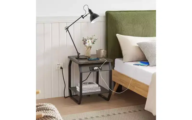 Acekool Set of 2 End Tables with Charging Station, Side Tables with USB Ports & Outlets, Small Storage Shelves for Living Room & Bedroom