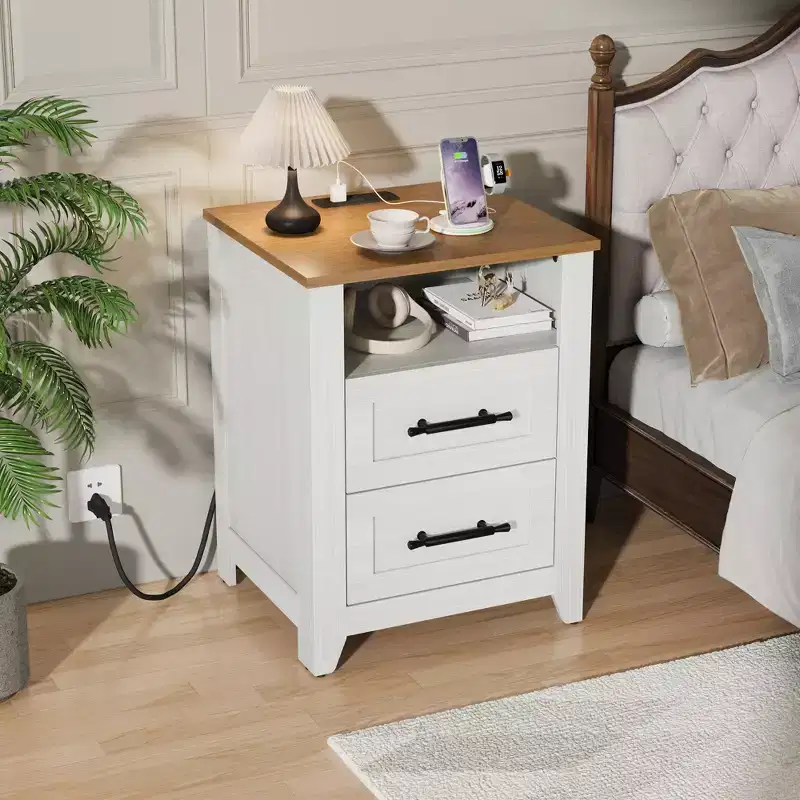 Farmhouse Nightstand with Charging Station 2 Drawers & Open Shelf, USB/Type-C/AC Outlets, End Table for Bedroom, Living Room