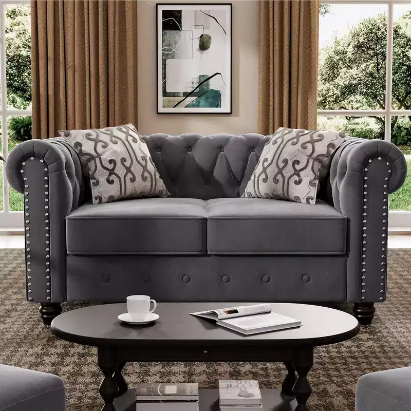 60 in. Velvet Gray Couches 2-Seater Loveseat for Living Room Furniture Sets-Morden Fort