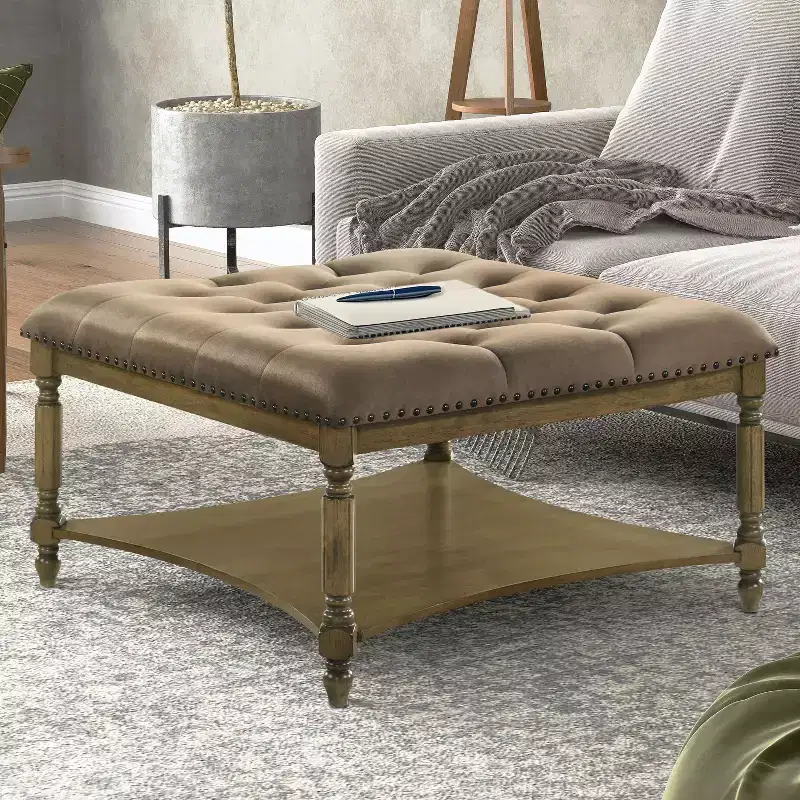 Galano Marcello Upholstered Coffee Table - Antique Oak/Velvet Brown