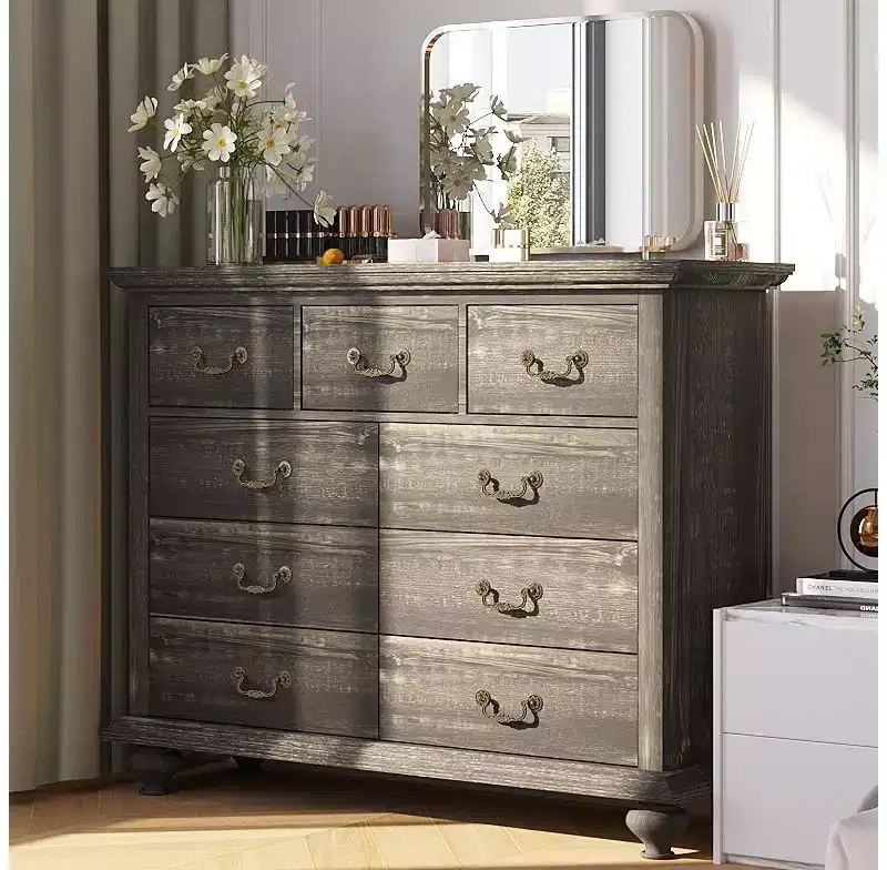 Wood Dresser with Carved Metal Handles and Leg Base