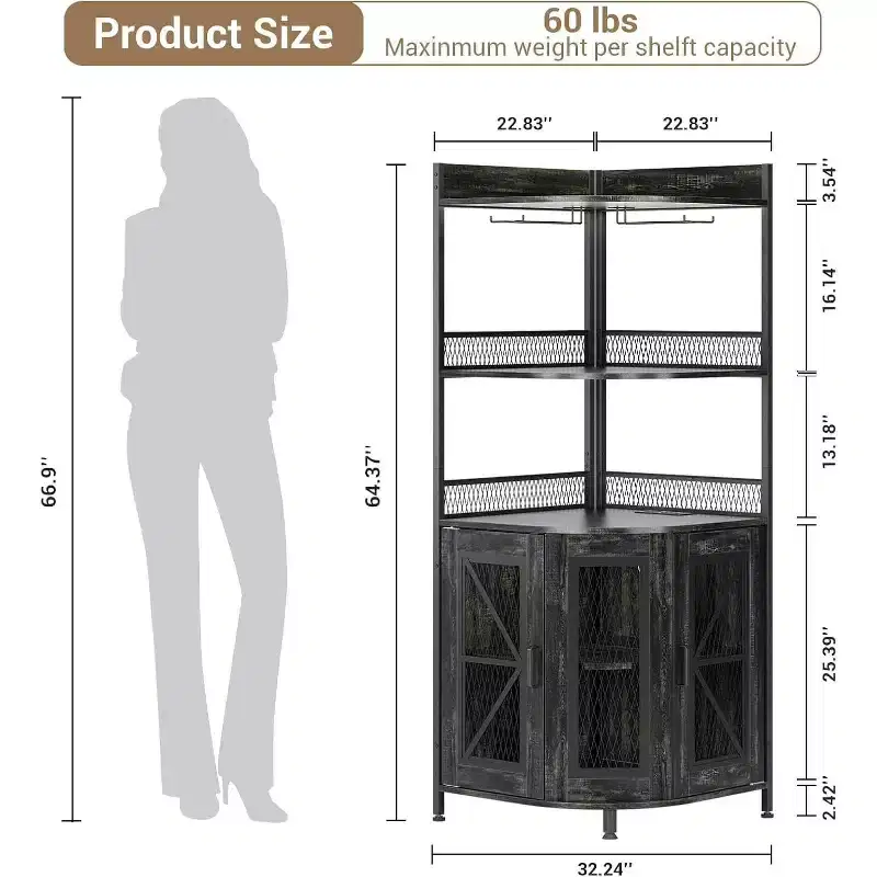 64 Tall Corner Bar Cabinet with LED Strip, 5-Tiers Industrial Bar Cabinet with Power Outlet and Glass Holder, Wine Cabinet for Home Bar, for Home