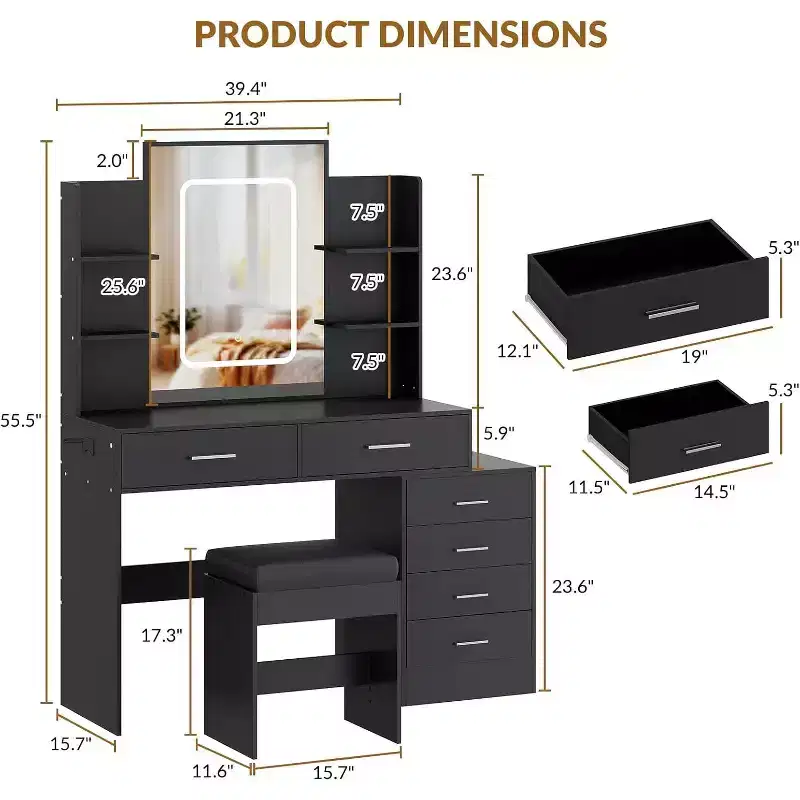 Makeup Vanity Desk with Lighted Mirror, Charging Station, Padded Stool, Hair Dryer Rack, 3 Lighting Modes Adjustable Dressing Table for Bedroom