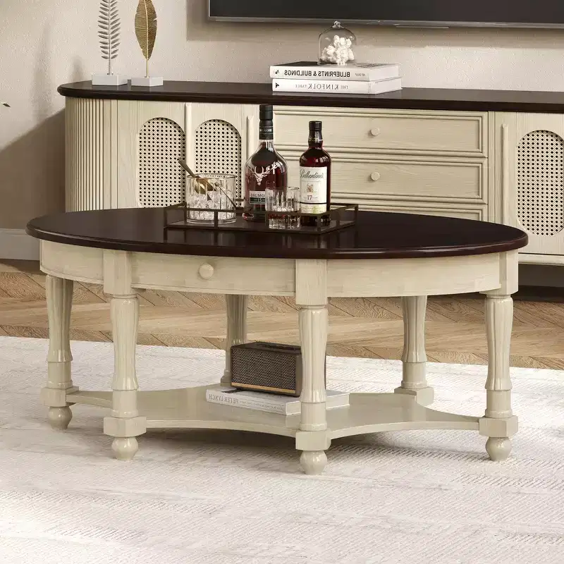 French Vintage Country Oval Coffee Table with Drawer and Lower Shelf, 45