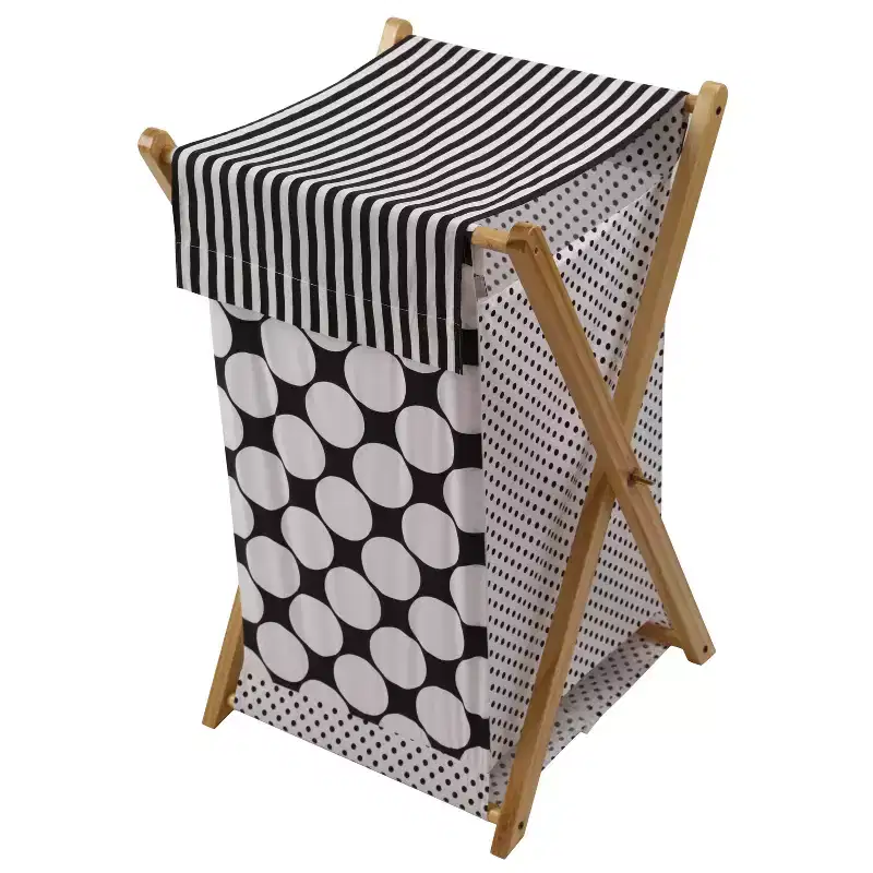 Dots/Pin Stripes Black/White Laundry Hamper with Wooden Frame