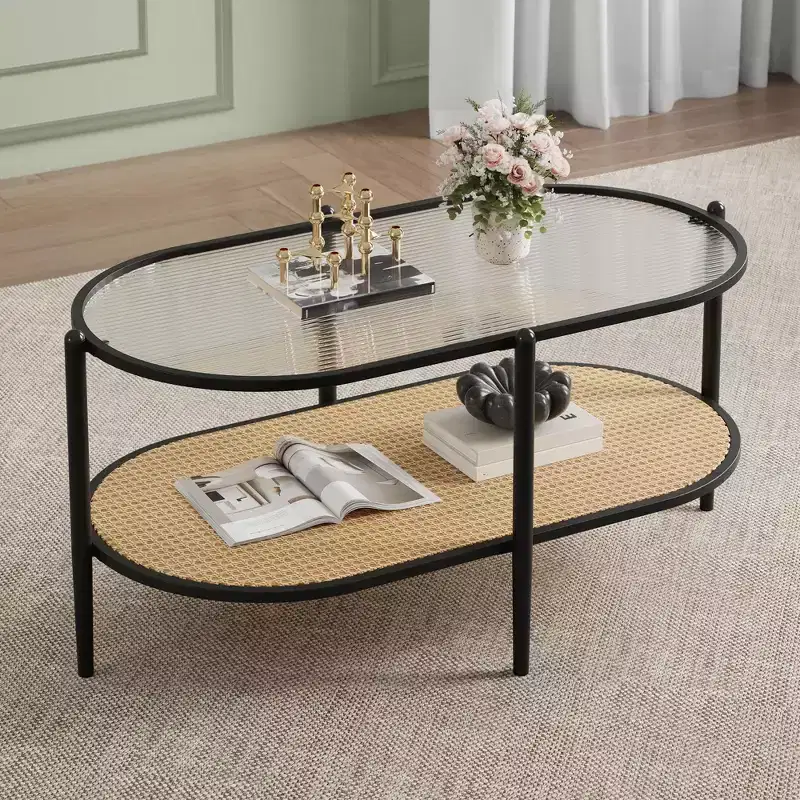 Metal Rattan 2-Tier Oval Coffee Table with Tempered Glass Top 37.4