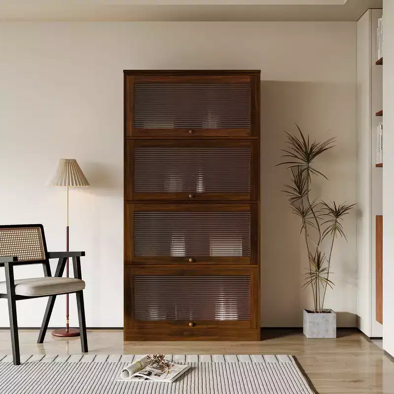 GDFStudio Elodie Rustic 4-Tier Wooden Bookcase with 4 Glass Doors