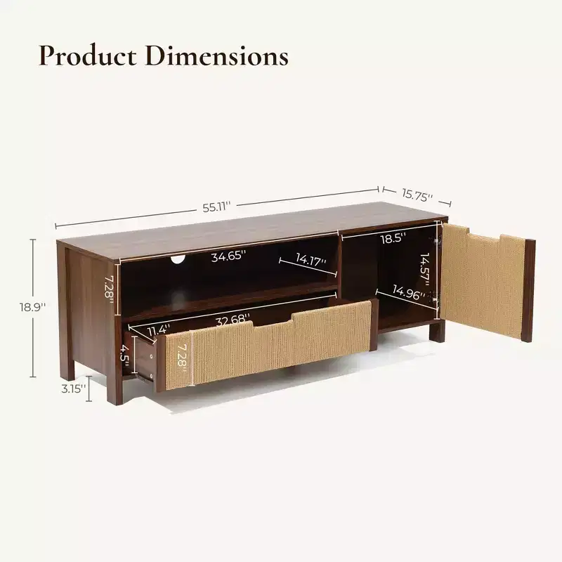 LuxenHome 55 Walnut TV Stand for TVs up to 60, Woven Rope Door Panel, Small Media Console Cabinet with Drawer, Brown