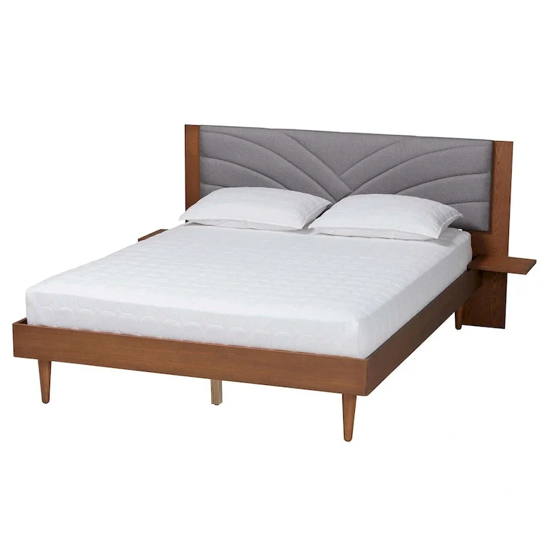 Grey / Walnut Brown Mid-Century Channel-Tufted Platform Bed with Floating Side Shelves – Queen or King