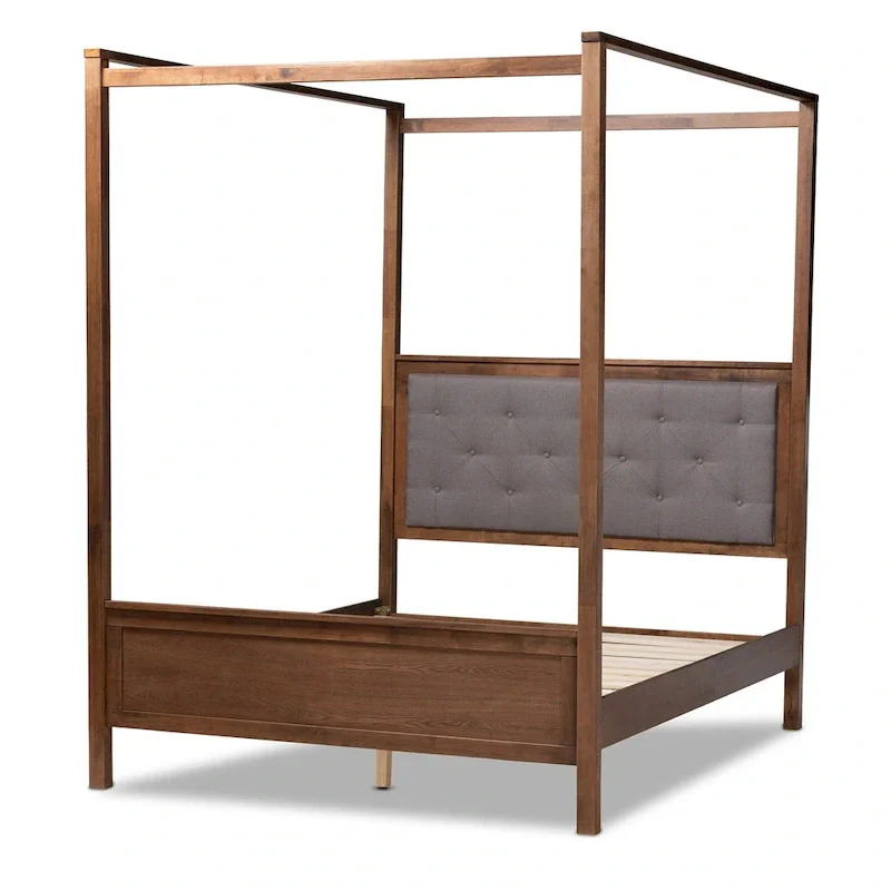 Queen Platform Canopy Bed with Tufted Headboard, Walnut Finish, No Box Spring Needed, 87