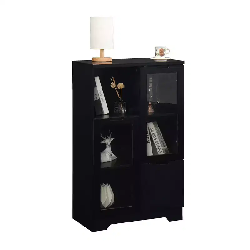 Modern Storage Cabinet With 2 Glass Doors & 2 Storage Spaces, Freestanding Floor Cabinet With Adjustable Shelves For Living Room Bathroom Kitchen