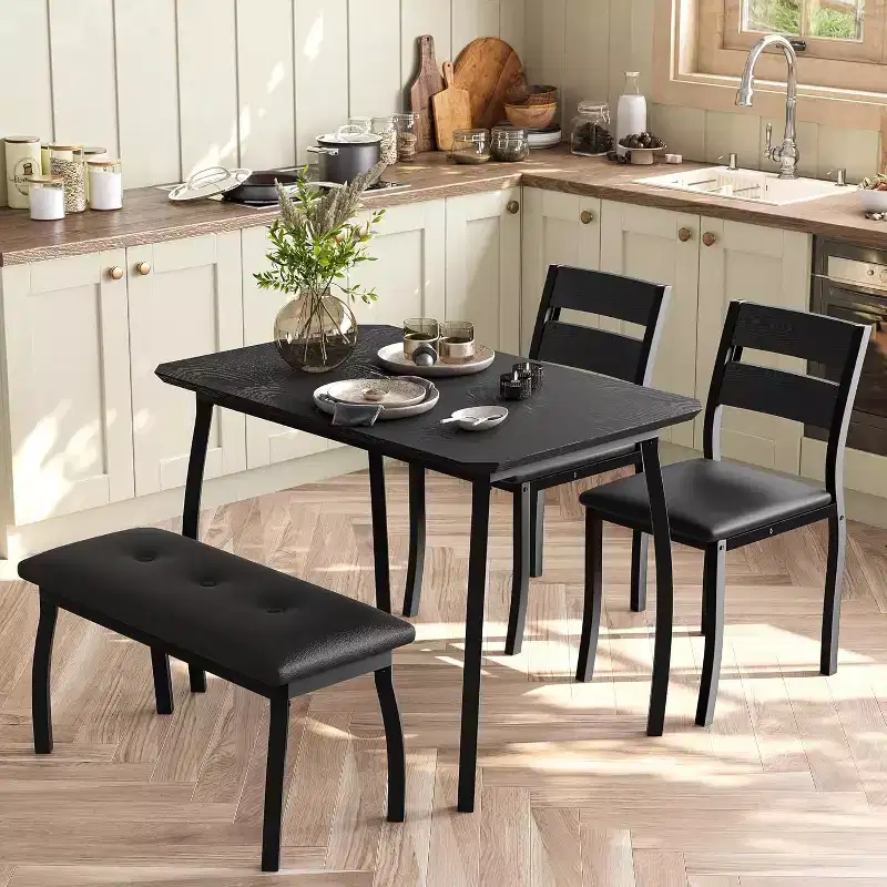 5-Piece Wood Dining Table Set, Upholstered Bench and 2 Chairs, Space-Saving Dinette Set for Studio, Kitchen, Dining Room