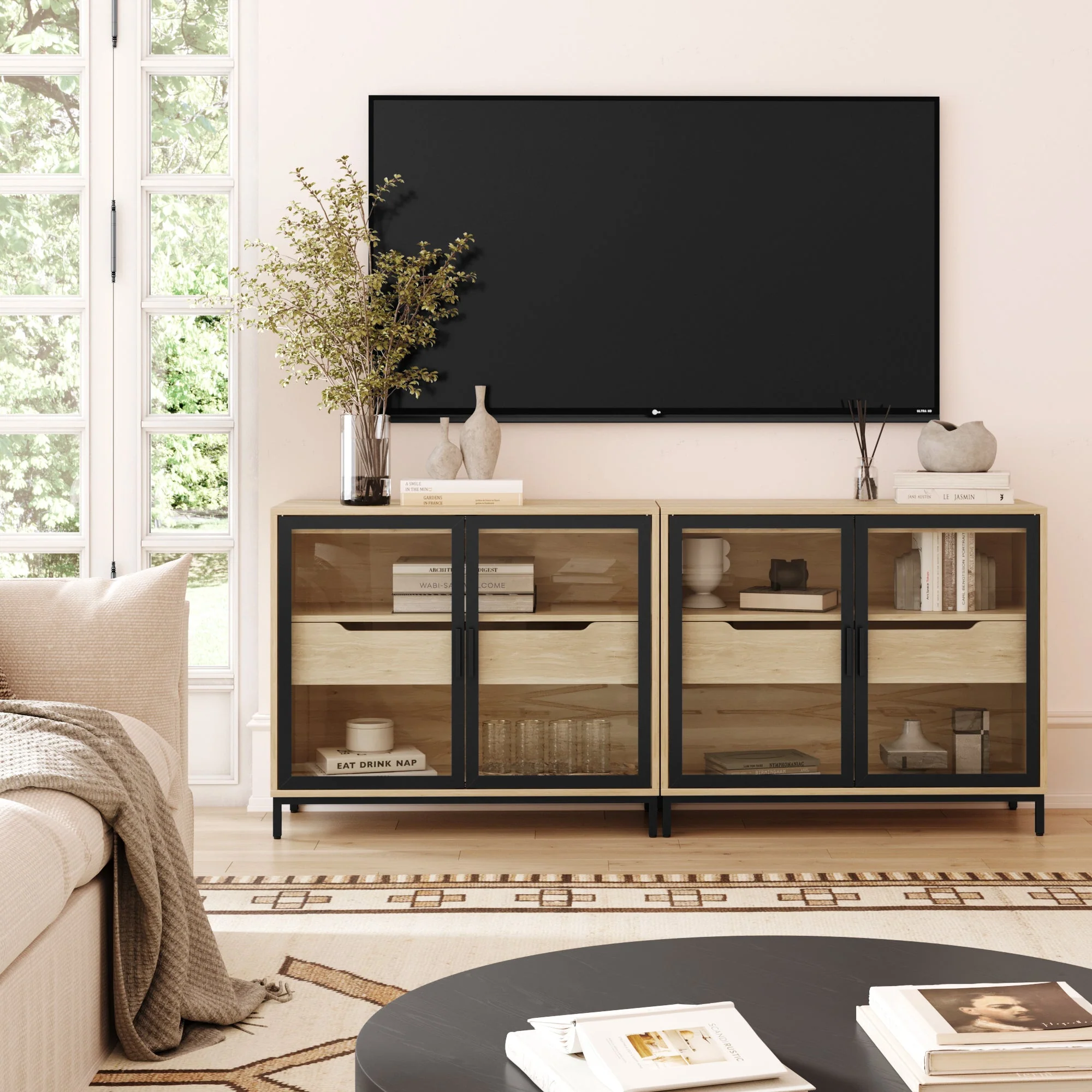 Glass TV Stand Console Cabinet with Doors for TVs up to 65