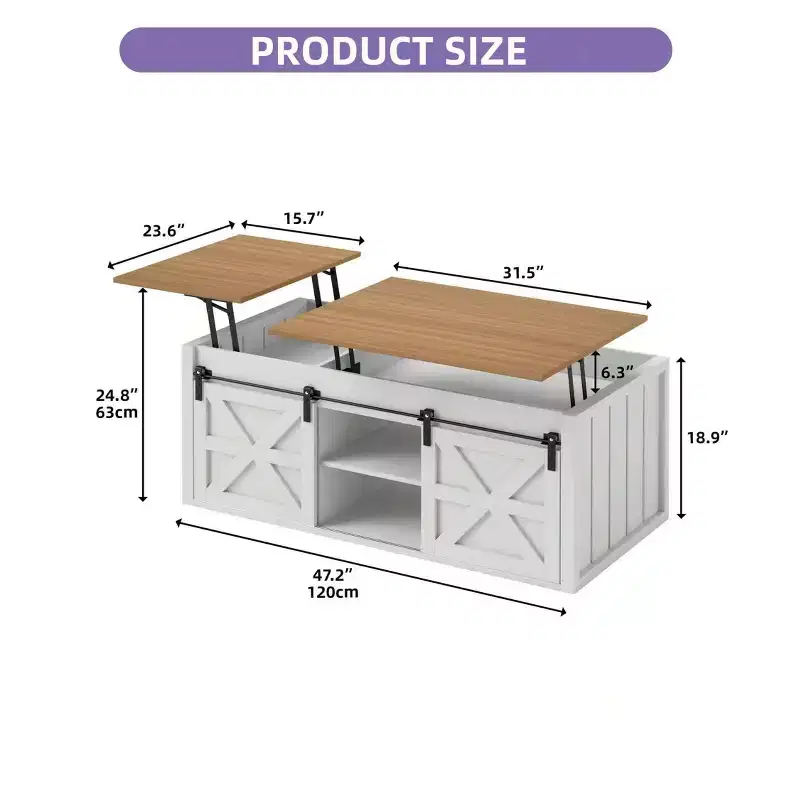 Lift Top Coffee Table 48 inch Farmhouse with Sliding Barn Door Space Saving Living Room Tables
