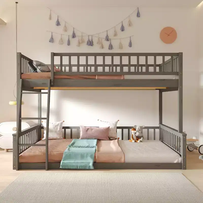 FAMYYT Queen Size Wood Bed?With Fence-shaped Guardrail, ladder, Easy Assembly