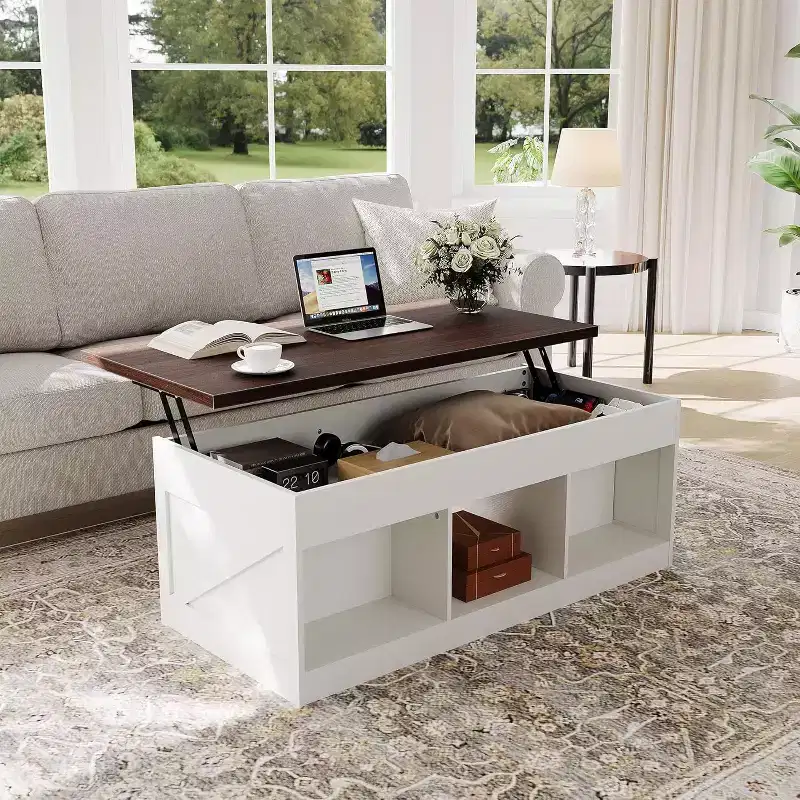 Farmhouse Coffee Table, 47.2 in Lift Top Coffee Table with Barn Door and Hidden Compartment, Retro Central Table with Wooden Lift Tabletop