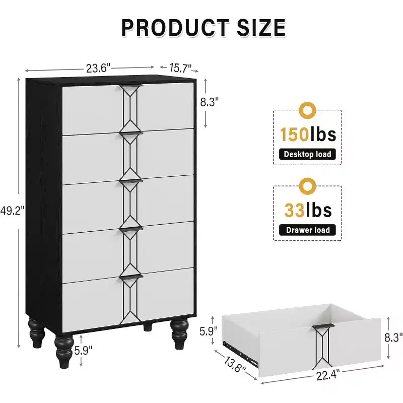 5 Drawer Dresser, Modern Chest with Vintage Pattern and Deep Storage for Bedroom, Living Room, Entryway