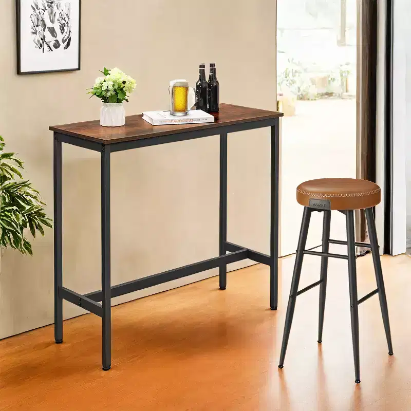 Narrow Industrial Bar Table - Rustic Brown Kitchen Dining Table with Sturdy Metal Frame, Seats 2