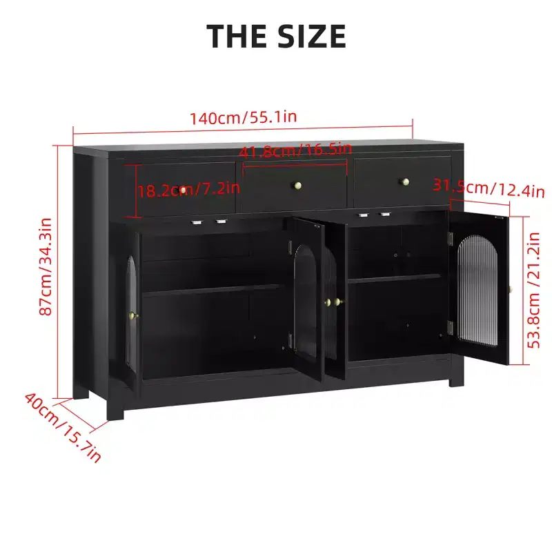 55 Inch Storage Cabinet Dining Narrow Buffet Sideboard Cabinet with 3 Drawers and 4 Doors for Kitchen, Dining Room, Living Room
