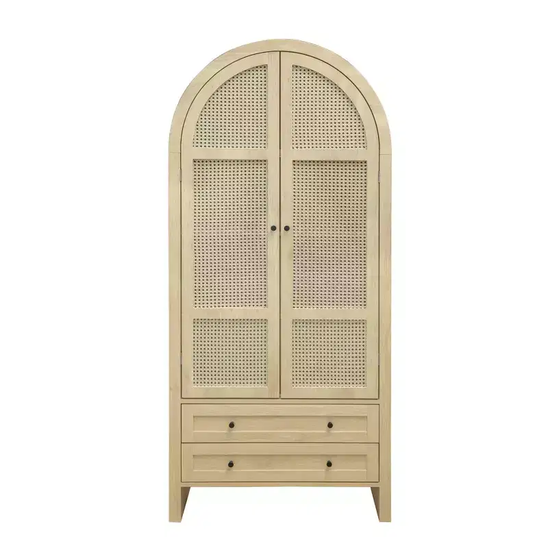 71-inch Arched Kitchen Pantry Cabinet with Rattan Doors