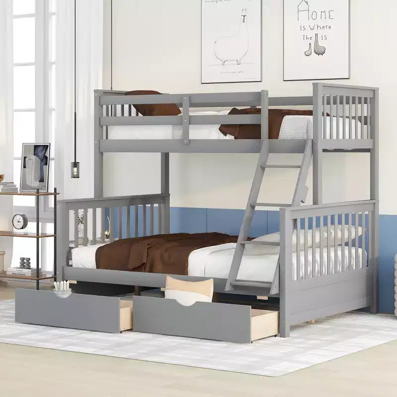Twin over Full Bunk Bed with Built-in Ladder & Drawers, Pine Wood & MDF Bed Frame, Convertible into Two Beds