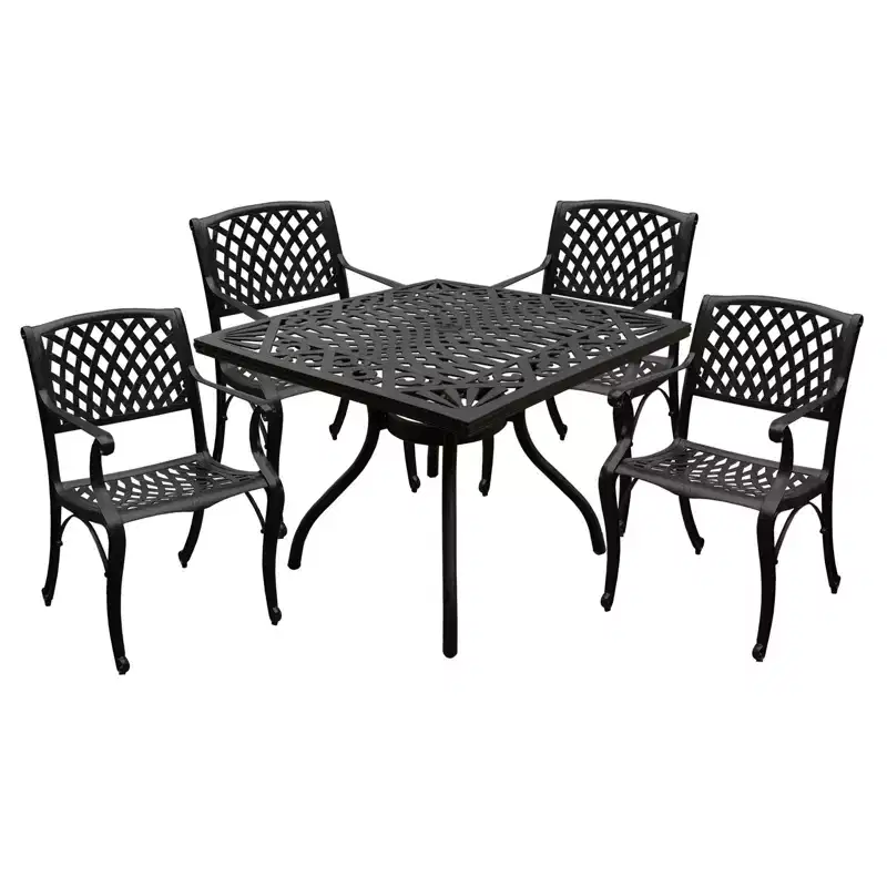 5pc Outdoor Set with Ornate 37" Mesh Aluminum Black Square Table with Modern Chairs - Oakland Living